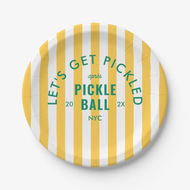 Yellow Stripe Let's Get Pickled Après Pickleball Paper Plate (Front)