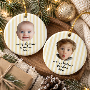 Yellow Stripe Merry Christmas Grandma 2 Baby Photo Ceramic Ornament