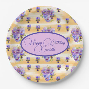 Yellow Stripe Shabby Chic floral Birthday Paper Plate
