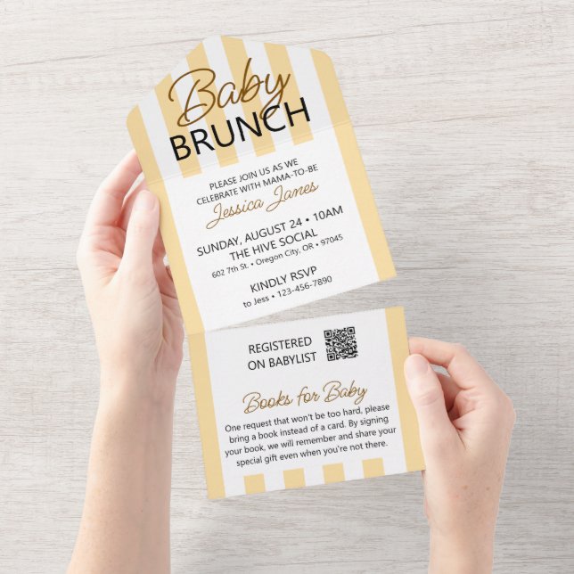 Yellow Striped Baby Brunch Invite with Book Card (Tearaway)