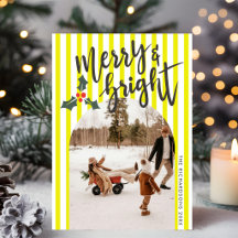 Yellow Striped Merry & Bright Christmas Photo