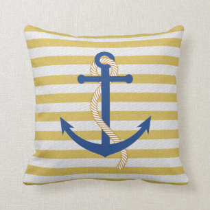 Yellow Striped Nautical Throw Pillow Blue Anchor