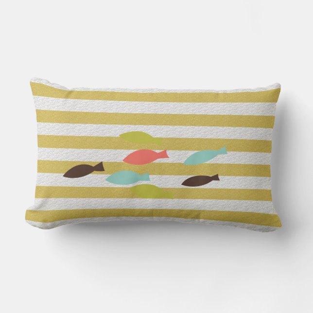 Yellow Striped Nautical Throw Pillow with Tropical (Front)