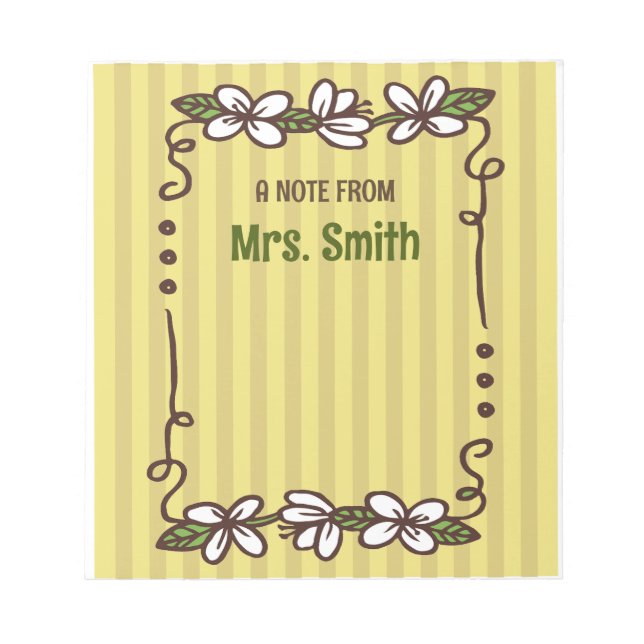 Yellow Striped White Floral Border Notepad (Front)