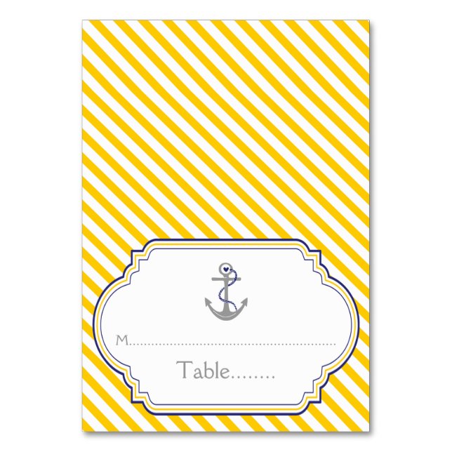 Yellow stripes anchor nautical wedding escort card (Front)