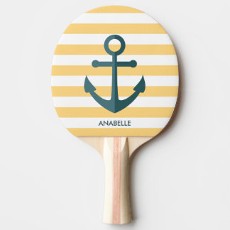 Yellow Stripes and Blue Anchor Ping Pong Paddle