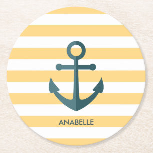 Yellow Stripes and Blue Anchor Round Paper Coaster