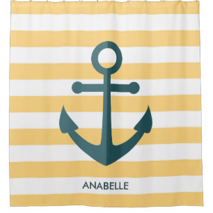 Yellow Stripes and Blue Anchor Shower Curtain