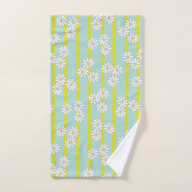 Yellow Stripes and Daisies on a Teal Background Hand Towel (Hand Towel)