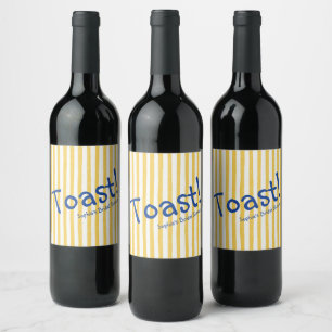 Yellow Stripes Bold Blue Toast Bridal Shower Wine Label