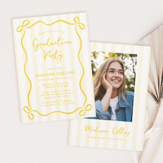 Yellow Stripes Bow Frame Graduation Party Photo Invitation