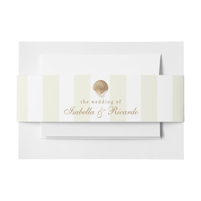 Yellow Stripes & Gold Seashell Coastal Wedding Invitation Belly Band (Front Example)