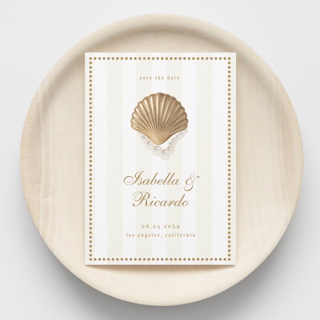 Yellow Stripes Gold Seashell Coastal Wedding Save The Date (Creator Uploaded)