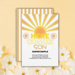 Yellow Stripes Here Comes The Son Baby Shower Enclosure Card