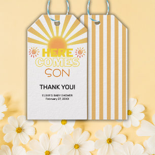 Yellow Stripes Here Comes The Son Baby Shower Gift Tags