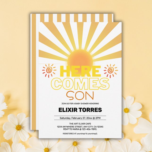 Yellow Stripes Here Comes The Son Baby Shower Invitation (Creator Uploaded)