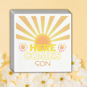 Yellow Stripes Here Comes The Son Baby Shower Napkin