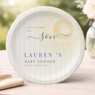 Yellow Stripes Here Comes The Son Sun Baby Shower Paper Plate
