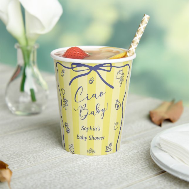 Yellow Stripes Italian Themed Ciao Baby Paper Cups (Insitu)