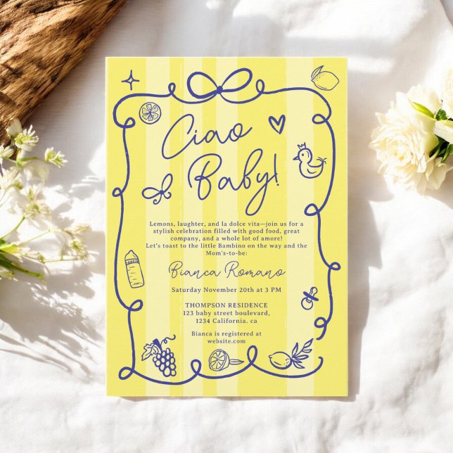 Yellow Stripes Italian-Themed Ciao Baby Shower Invitation (Yellow Stripes Italian-Themed Ciao Baby Shower Invitation)
