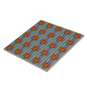 Yellow Stripes on Blue with Amaryllis Ceramic Tile