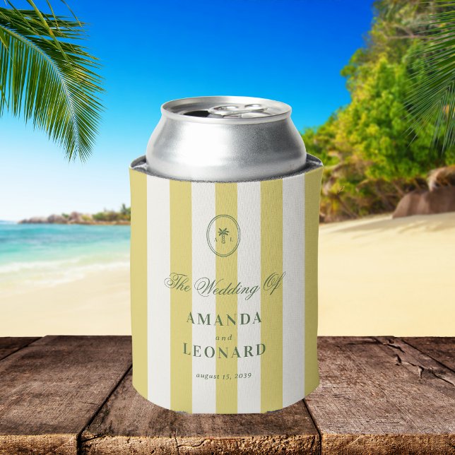 Yellow Stripes Palm Tree Monogram Wedding Favour Can Cooler (Creator Uploaded)