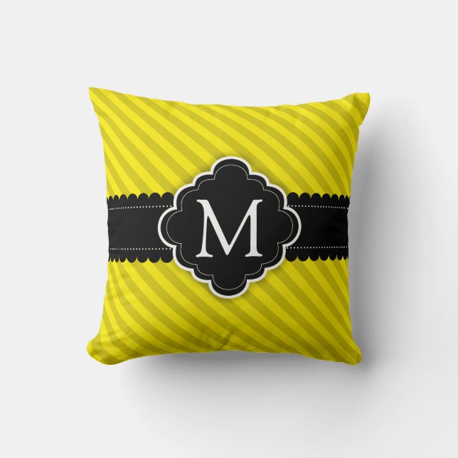 Yellow Stripes Pattern Black Custom Monogram Cushion (Front)