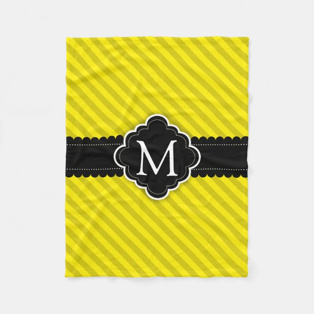Yellow Stripes Pattern Black Custom Monogram Fleece Blanket (Front)