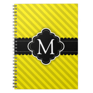Yellow Stripes Pattern Black Custom Monogram Notebook