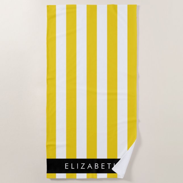 Yellow Stripes, Striped Pattern, Lines, Your Name Beach Towel (Front)