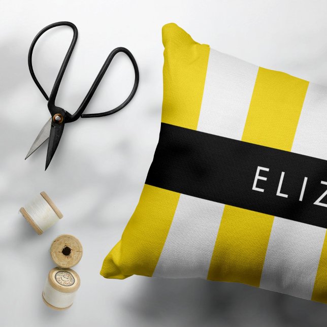 Yellow Stripes, Striped Pattern, Lines, Your Name Decorative Cushion (Creator Uploaded)