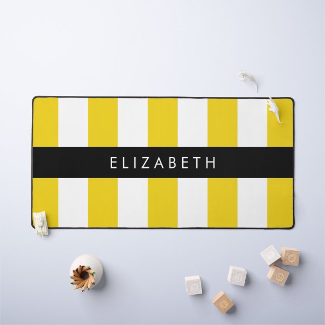 Yellow Stripes, Striped Pattern, Lines, Your Name Desk Mat (Kids Table)