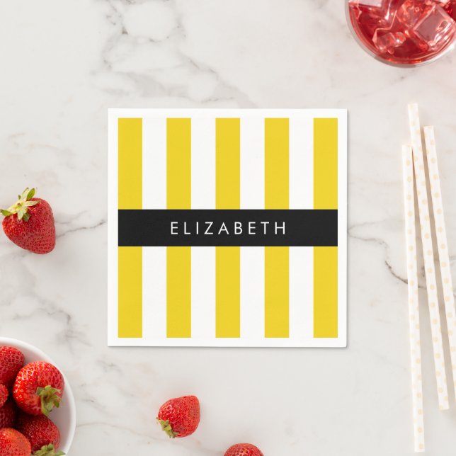 Yellow Stripes, Striped Pattern, Lines, Your Name Napkin (Insitu)