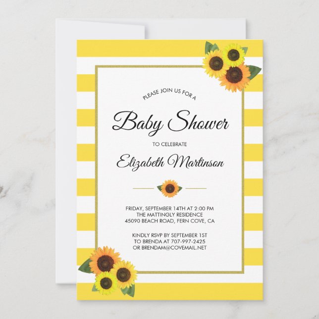 Yellow Stripes Sunflowers Gold Floral Baby Shower Invitation (Front)