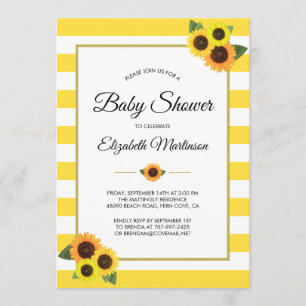 Yellow Stripes Sunflowers Gold Floral Baby Shower Invitation