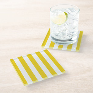 Yellow Stripes, White Stripes, Striped Pattern Glass Coaster