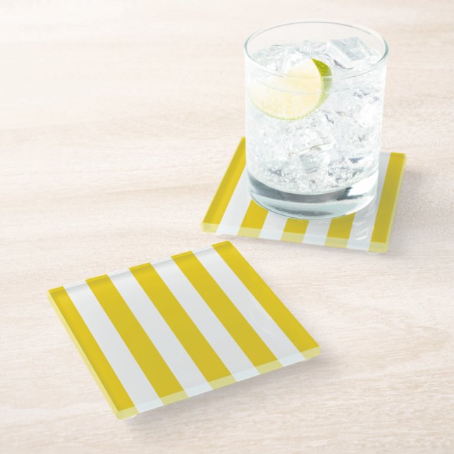 Yellow Stripes, White Stripes, Striped Pattern Glass Coaster (Angled)