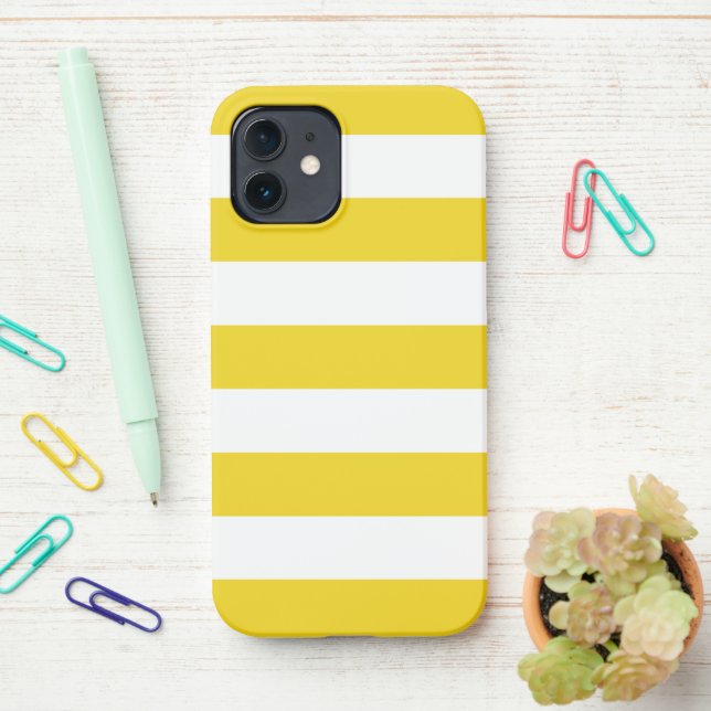 Yellow Stripes, White Stripes, Striped Pattern iPhone Case (On Desk)