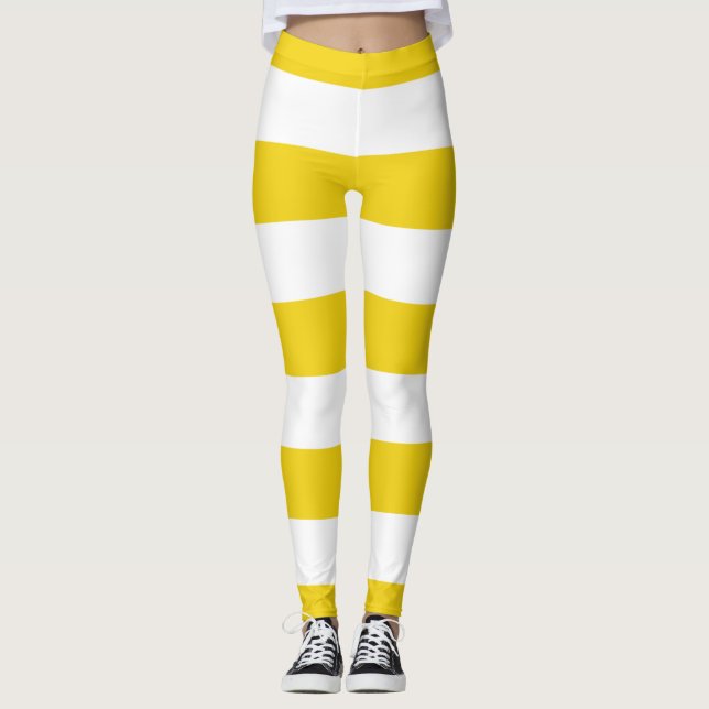 Yellow Stripes, White Stripes, Striped Pattern Leggings (Front)