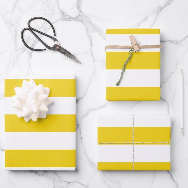 Yellow Stripes, White Stripes, Striped Pattern Wrapping Paper Sheet (Front)