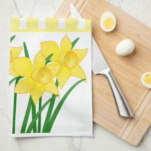 Yellow Stripes with Spring Daffodils Tea Towel