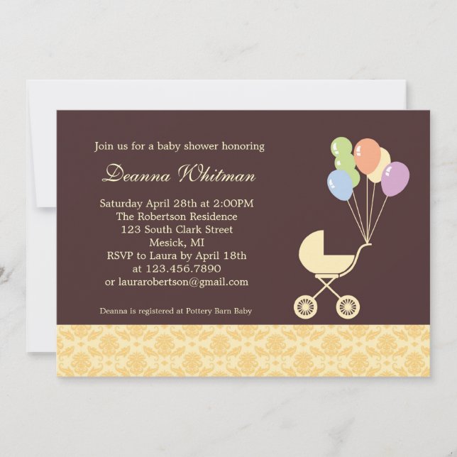 Yellow Stroller with Balloons Baby Shower Invitation (Front)