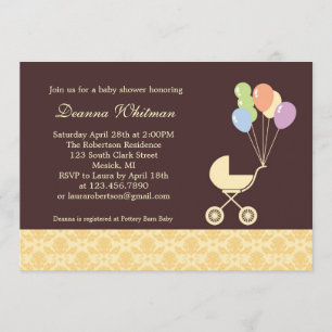 Yellow Stroller with Balloons Baby Shower Invitation