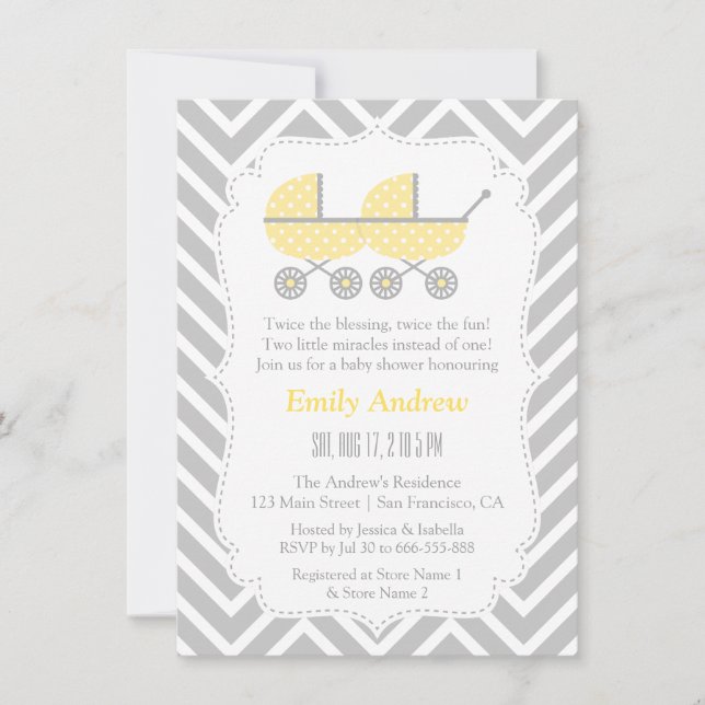 Yellow Strollers Twins Chevron Baby Shower Invites (Front)
