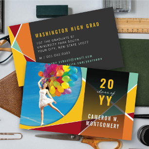 Yellow Stylish Geometric Lines Mod Photo Graduate Calling Card