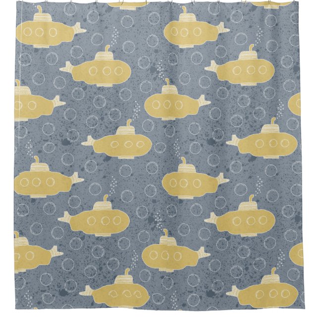 Yellow Submarines with Sweaters Grey Bubbles Shower Curtain (Front)
