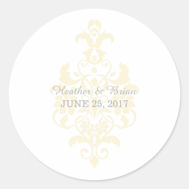 Yellow Subtle Damask Wedding Stickers (Front)