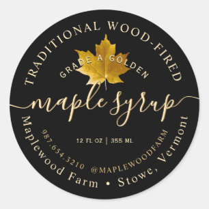 Yellow Sugar Maple Leaf with Modern Script Syrup  Classic Round Sticker