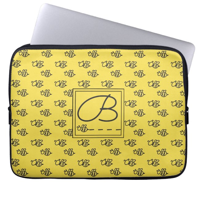 Yellow Summer Bees Monogram Pattern Laptop Sleeve (Front)