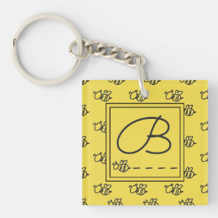 Yellow Summer Bees Pattern Monogram Key Ring